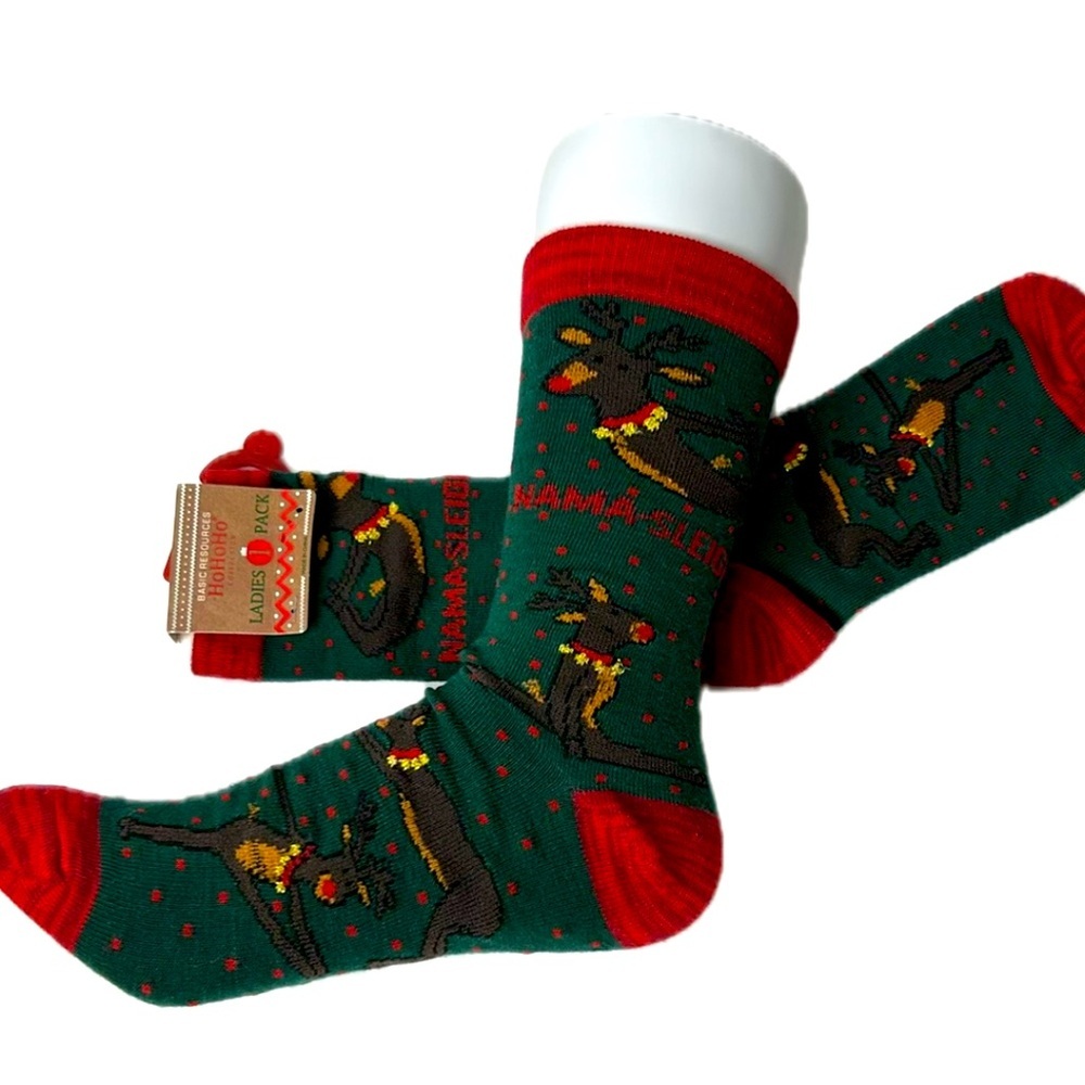 YOGA Reindeer NAMA-SLEIGH Holiday Christmas Crew‎ Funny Socks Women’s NWT